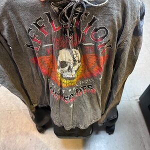 Affliction Charcoal and Red Skull Graphic Long Sleeve Tee